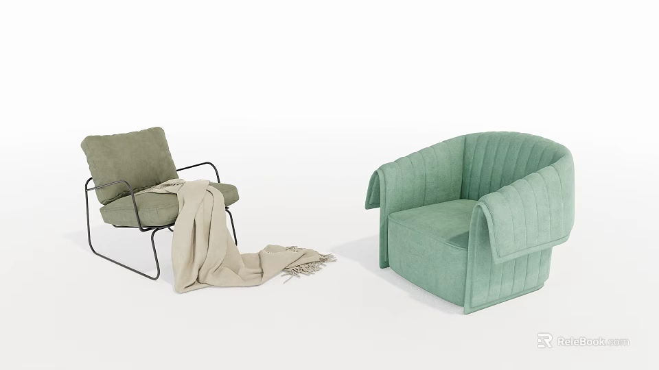 Light Green Single Sofa With Metal Frame And Pleated Design Including Blanket 3d model