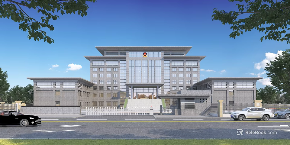 Modern Office Building With Symmetrical Design Glass Curtain Wall And Stone Exterior 3d model 