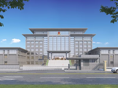 Modern Office Building With Symmetrical Design Glass Curtain Wall And Stone Exterior 3d model