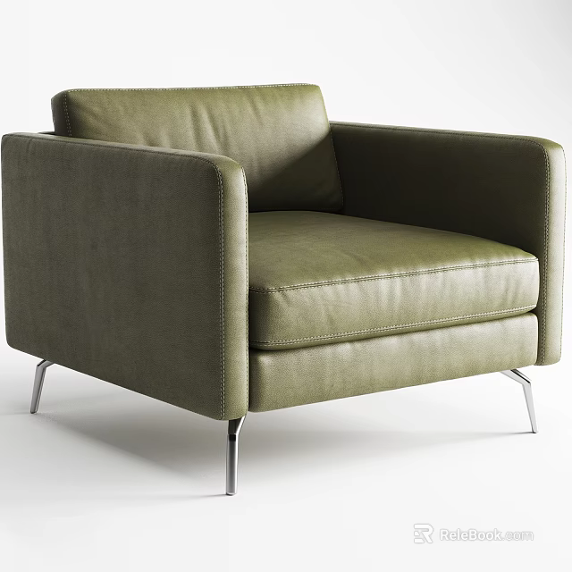 Green Leather Single Seater Sofa With Armrest And Metal Legs Modern Design 3d model 