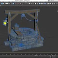Cartoon Scene of Ancient Well With Wooden Frame Stone Structure Lantern and Bucket