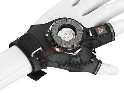 Innovative Black Tech Glove Featuring Circular Control Panel Adjustable Straps And Cables 3d model