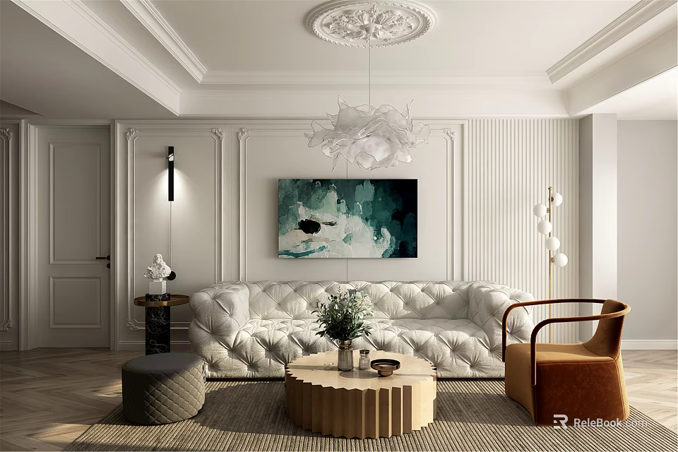 Elegant Living Dining Room Interior With White Sofa Round Wooden Coffee Table Green Artwork 3d model 