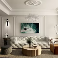 Elegant Living Dining Room Interior With White Sofa Round Wooden Coffee Table Green Artwork