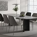 Modern Dining Table With Gray Chairs Vase Green Plants Black White Striped Artwork Near Window