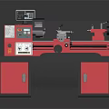 Red Lathe Machine With Digital Control Panel On Workbench With Red Cabinets