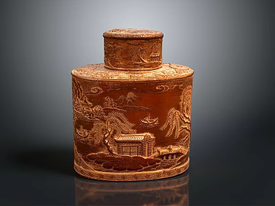 Intricately Carved Brown Container With Landscape Scenery Buildings Detailed Lid And Traditional Artwork 3d model
