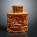 Intricately Carved Brown Container With Landscape Scenery Buildings Detailed Lid And Traditional Artwork