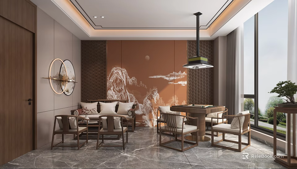 Elegant Chinese Style Hotel Mahjong Room With Landscape Painting And Wooden Furniture 3d model 