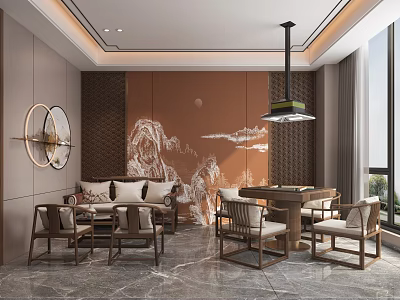 Elegant Chinese Style Hotel Mahjong Room With Landscape Painting And Wooden Furniture 3d model