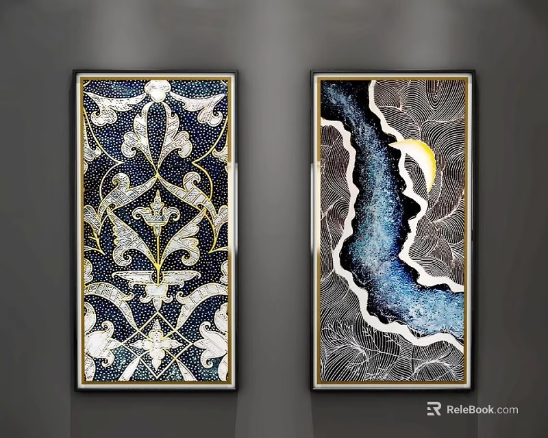 Abstract Art Paintings With Blue Background White Patterns Moon Wave And Gold Frame 3d model