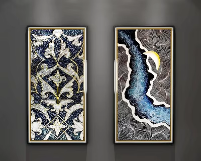 Abstract Art Paintings With Blue Background White Patterns Moon Wave And Gold Frame 3d model