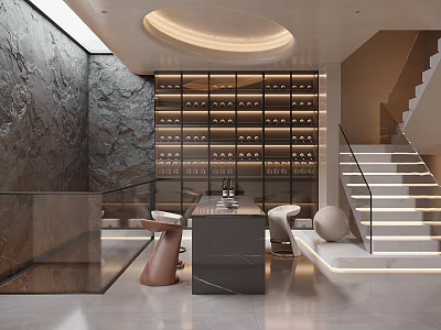 Elegant Modern Wine Cellar Interior With Glass Racks And Recessed Lighting 3d model
