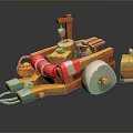 3D Wooden Boat Model With Lifebuoy Rope Bird Green Barrel And Wooden Bucket