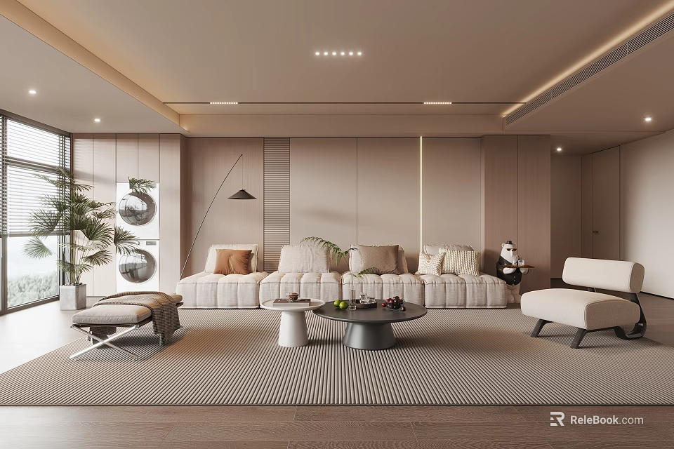 Modern Minimalist Living Room With Beige Sofa Cushions Coffee Table Armchair Plant And Recessed Lighting 3d model 