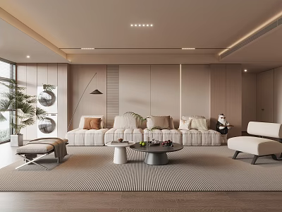 Modern Minimalist Living Room With Beige Sofa Cushions Coffee Table Armchair Plant And Recessed Lighting 3d model