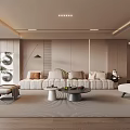 Modern Minimalist Living Room With Beige Sofa Cushions Coffee Table Armchair Plant And Recessed Lighting