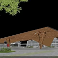 Modern Architectural Structure With Wooden Lattice Roof In Urban Plaza With Greenery