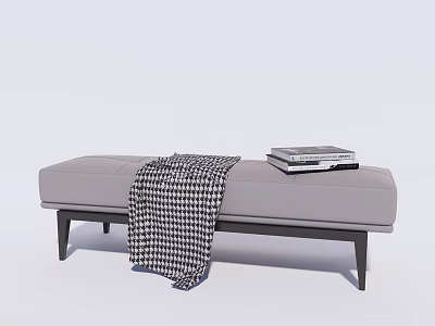 Gray Upholstered Ottoman Footstool With Black Wooden Legs Houndstooth Blanket And Stacked Books 3d model