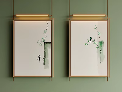 Decorative Landscape Paintings With Green Bamboo Birds And Golden Frames On Wall 3d model