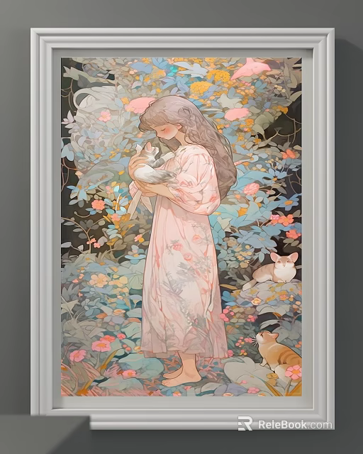 Artistic Portrait Painting of Girl in Pink Dress Holding Cat Surrounded by Kittens and Flowers 3d model 