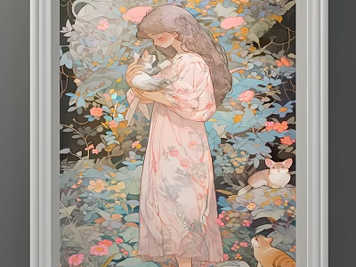 Artistic Portrait Painting of Girl in Pink Dress Holding Cat Surrounded by Kittens and Flowers 3d model