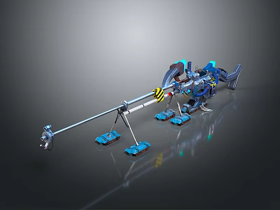 Futuristic Detailed Mechanical Weapon With Long Rod Blue Stands And Metallic Design 3d model