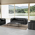 Black Leather Sofa And Coffee Table Set With Large Windows Lake Mountain View 3d model