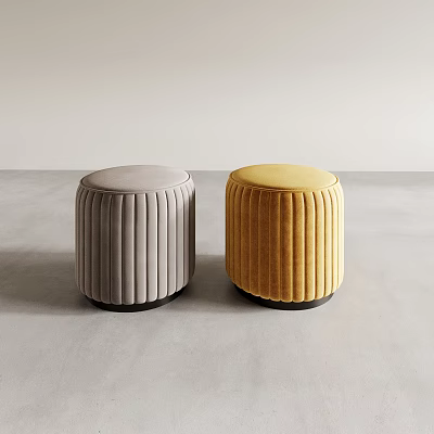 Two Round Gray and Yellow Velvet Stools With Vertical Pleated Design on Neutral Floor 3d model