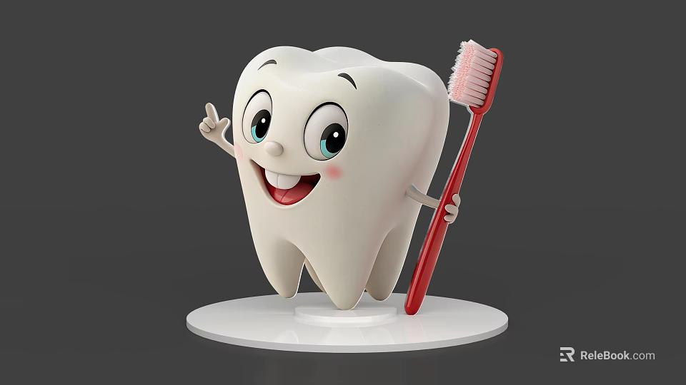 Smiling Friendly Cartoon Tooth Character Holding Red Toothbrush On White Base 3d model 