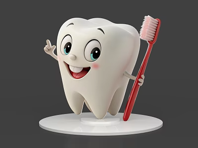 Smiling Friendly Cartoon Tooth Character Holding Red Toothbrush On White Base 3d model