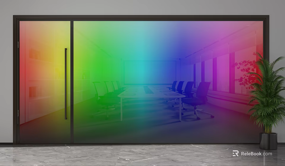 Colorful Glass Partition In Modern Meeting Room With Conference Table And Chairs 3d model 