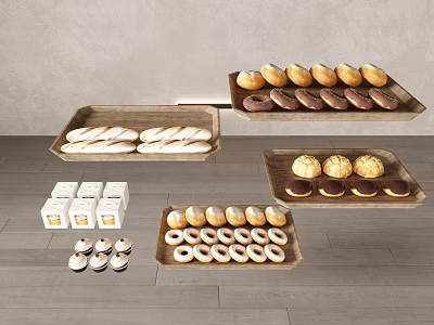 Assorted Pastries And Breads On Wooden Trays With Donuts Croissants And Milk Cartons 3d model