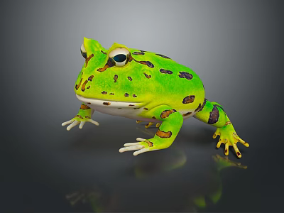 Vibrant Green Reptile With Black And Orange Spots Large Eyes On Gray Background With Reflection 3d model