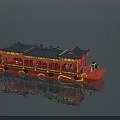 Traditional Chinese Tourist Ship with Illuminated Roof and Water Reflection
