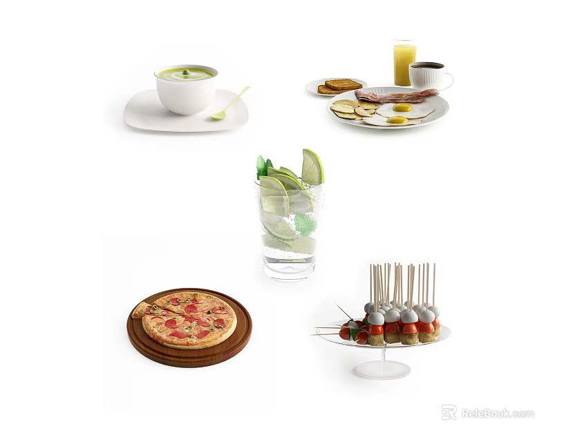 Delicious Food Platter With Pizza Soup Drinks Skewers and Sandwiches 3d model 