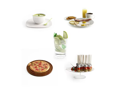 Delicious Food Platter With Pizza Soup Drinks Skewers and Sandwiches 3d model