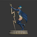 Blue Helmeted Female Superhero Standing On Circular Stone Pedestal With Lightning Weapon And Gold Symbol