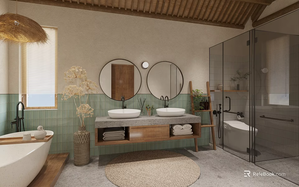 Natural Rustic Bathroom Interior With Double Sinks Round Mirrors Green Tiled Walls And Wooden Vanity 3d model 