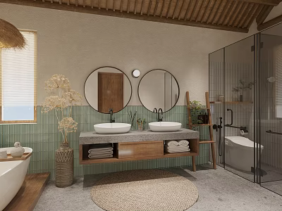 Natural Rustic Bathroom Interior With Double Sinks Round Mirrors Green Tiled Walls And Wooden Vanity 3d model