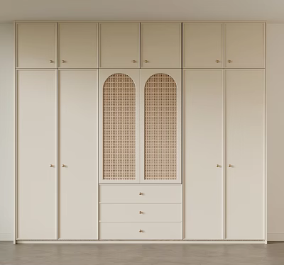 Modern Light Beige Wardrobe With Arched Rattan Doors And Storage Drawers 3d model