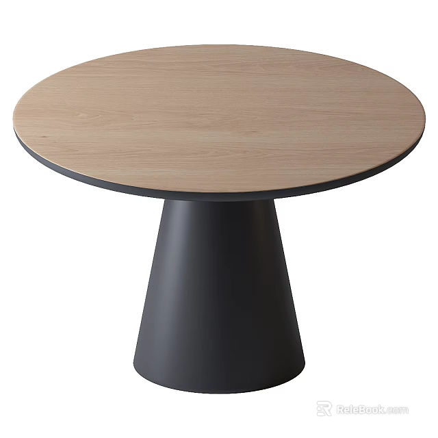 Round Dining Table With Light Wood Tabletop And Black Conical Leg 3d model