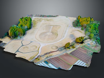 Scenic Natural Landscape with Sandy Circular Area Green Trees and Farm Fields 3d model