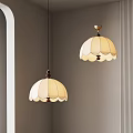 Two Cream White Scalloped Pendant Lights With Gold Connector For Interior Decoration