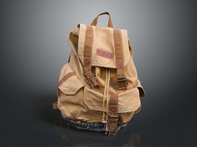 Tan Canvas Backpack With Multiple Pockets Adjustable Straps And Rivet Details 3d model