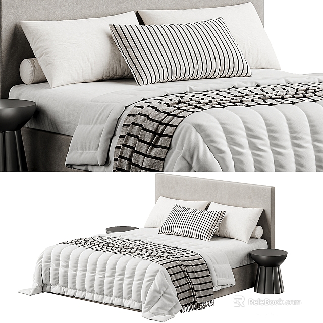 Double Bed with White Bedding Striped Pillow Checkered Blanket and Wooden Stool 3d model 