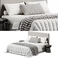 Double Bed with White Bedding Striped Pillow Checkered Blanket and Wooden Stool