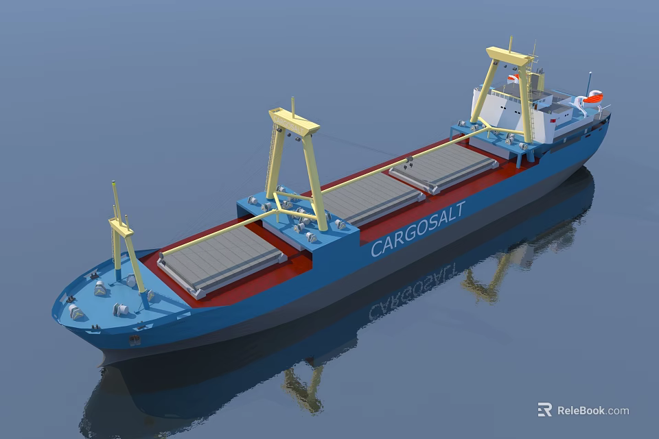 CARGOSALT Cargo Ship With Blue Hull Yellow Cranes And Deck Cargo Holds On Water 3d model 