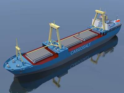 CARGOSALT Cargo Ship With Blue Hull Yellow Cranes And Deck Cargo Holds On Water 3d model
