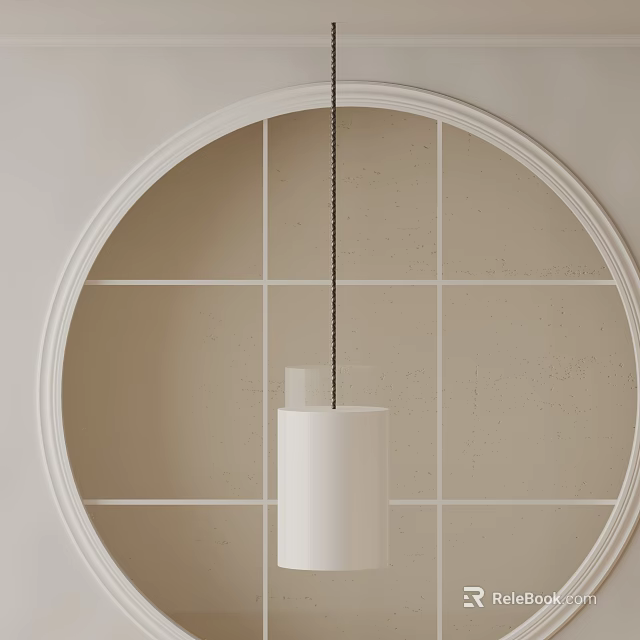 White Cylindrical Pendant Light Hanging In Circular Frame With Beige Grid Wall Interior 3d model 